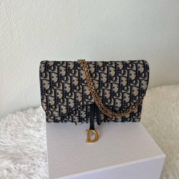 AUTHENTIC DIOR Oblique Saddle Chain Pouch Blue - Picture 1 of 10